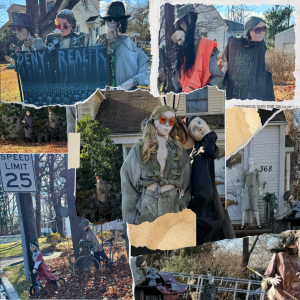 Different kinds of mannequins on the lawn of a home in North Brunswick.